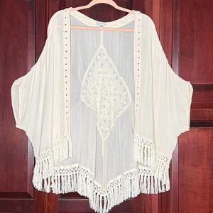 American Eagle Kimono Women XS/S Ivory Boho Embroidered Fringe Mirror Wrap